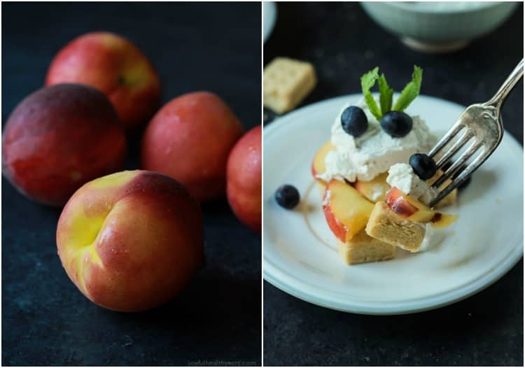 Collage of fresh peaches and a serving of Peach Shortcake on a plate