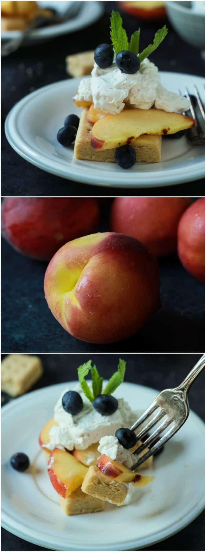 Collage of fresh peaches and servings of Grilled Peach Shortcake on a plate