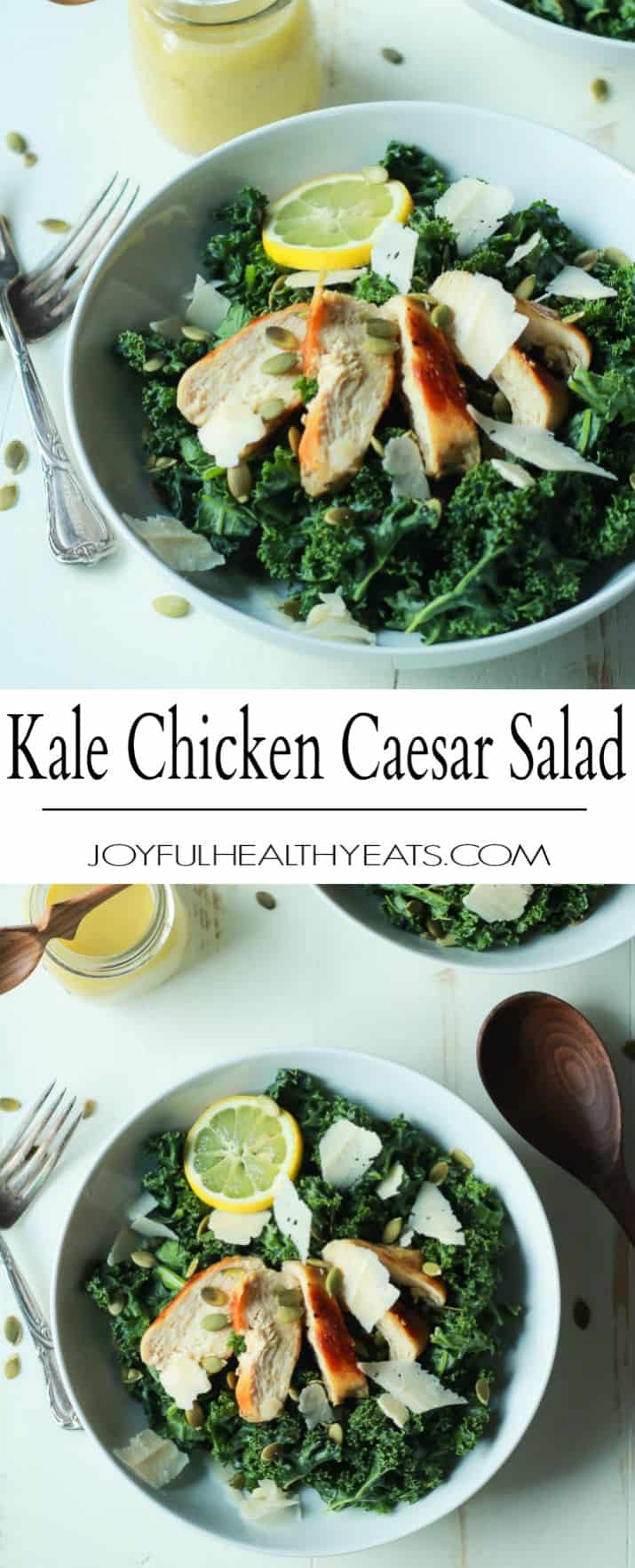 Easy Kale Chicken Caesar Salad with pepitas, shaved parmesan and a homemade egg and anchovy free Caesar Dressing! Its the perfect salad recipe to have for the summer! | joyfulhealthyeats.com