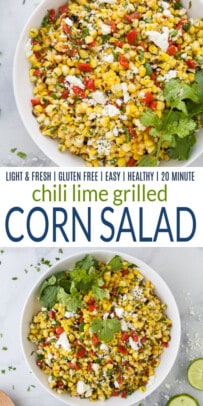 pinterest image for chili lime grilled corn salad