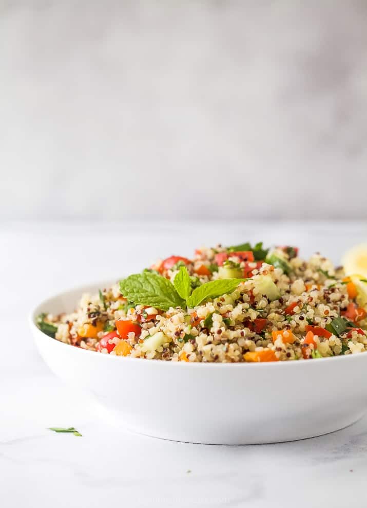 side photo of 20 minute quinoa tabbouleh salad in bowl