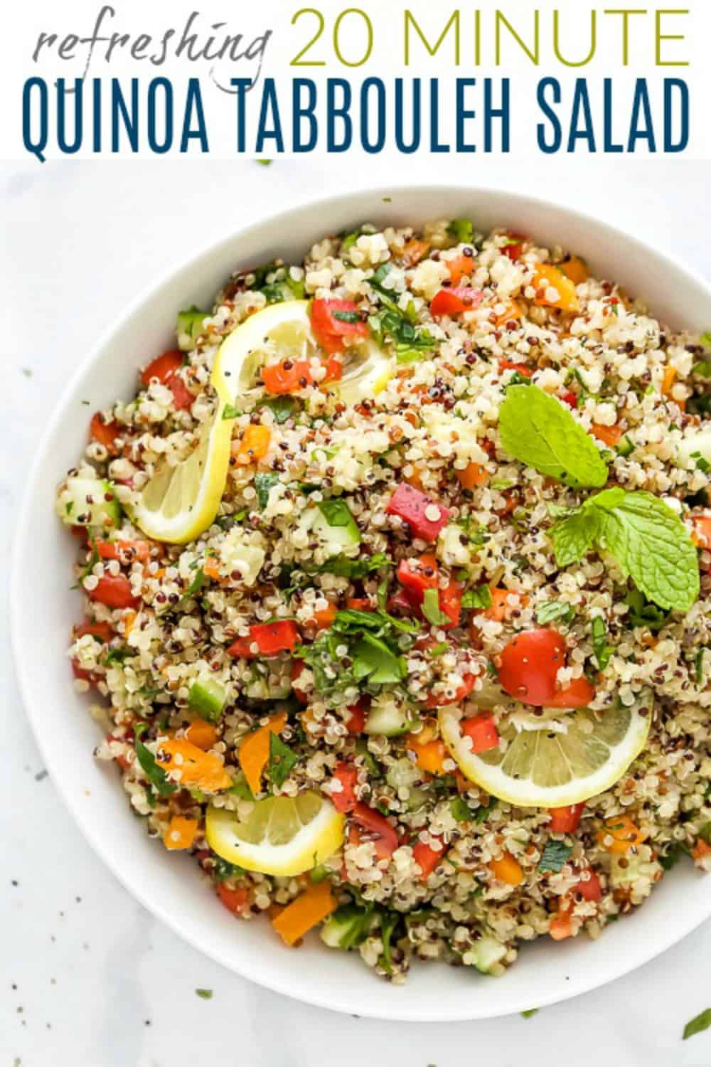 pinterest image for 20 minute quinoa tabbouleh salad