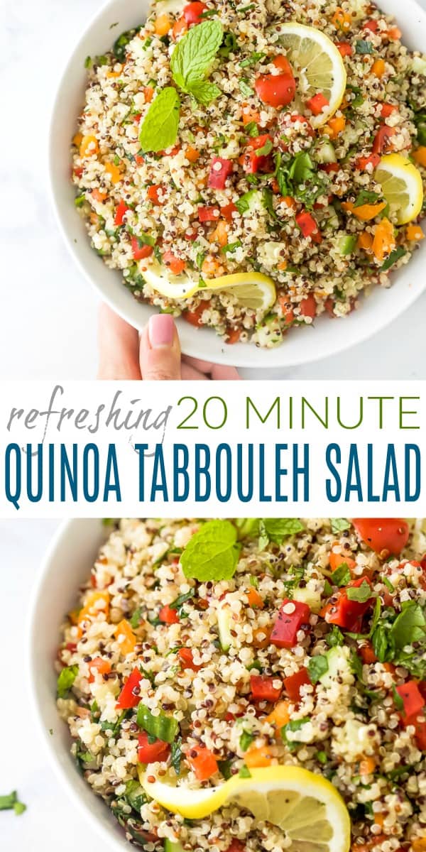 pinterest image for 20 minute quinoa tabbouleh salad