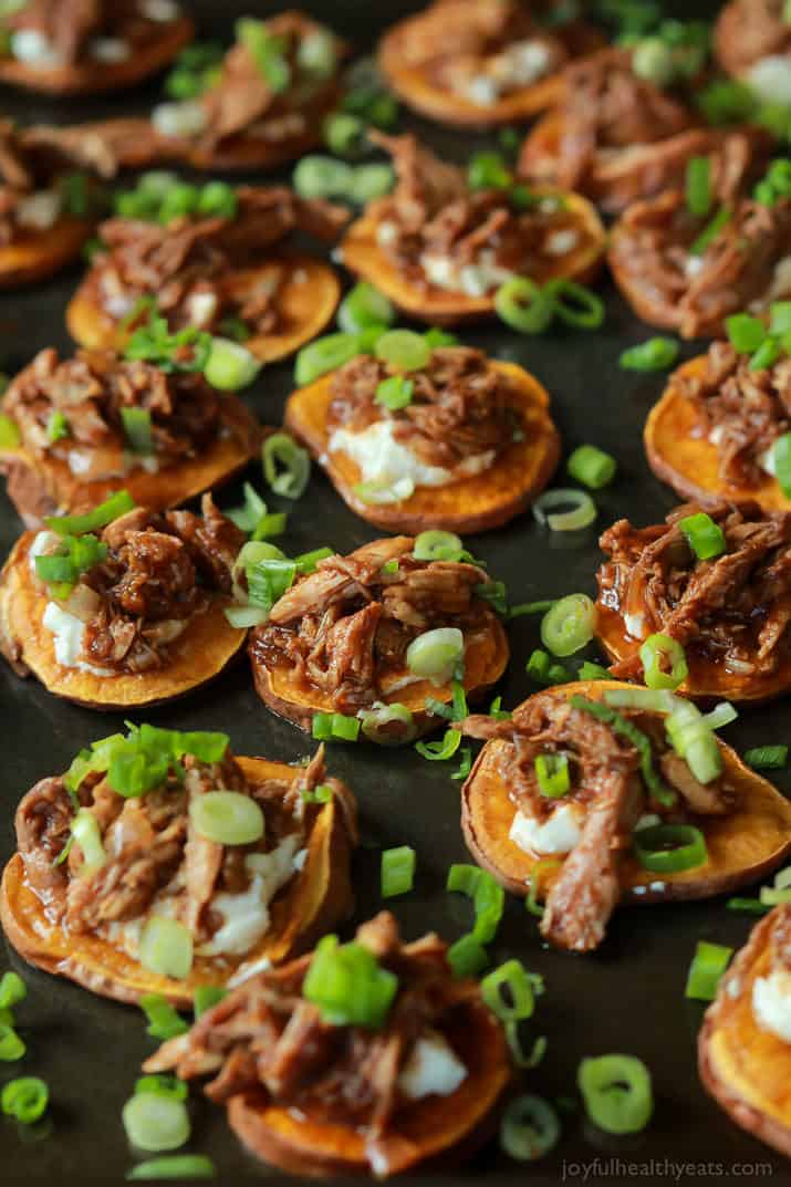 BBQ Pulled Pork Sweet Potato Bites on a sheet pan