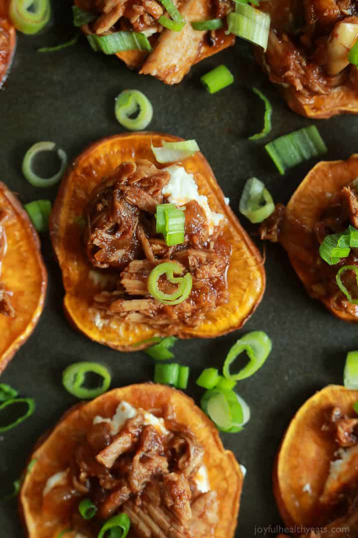 Close up image of BBQ Pulled Pork Sweet Potato Bites