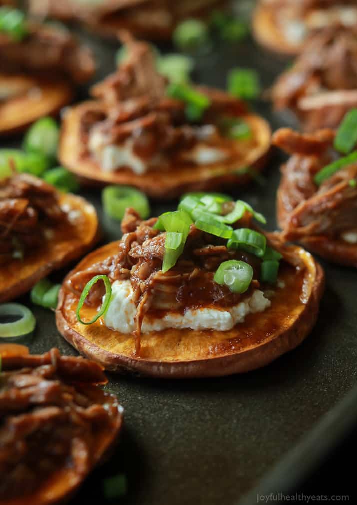 Close up of BBQ Pulled Pork Sweet Potato Bites