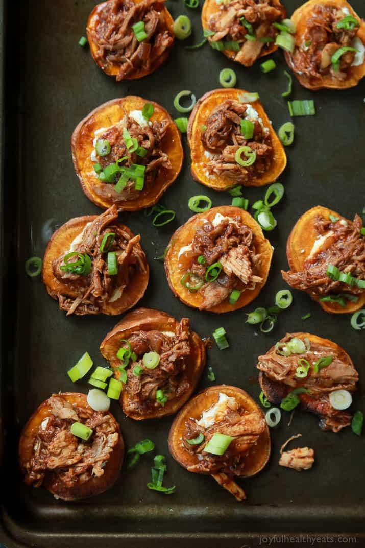 Top view of BBQ Pulled Pork Sweet Potato Bites