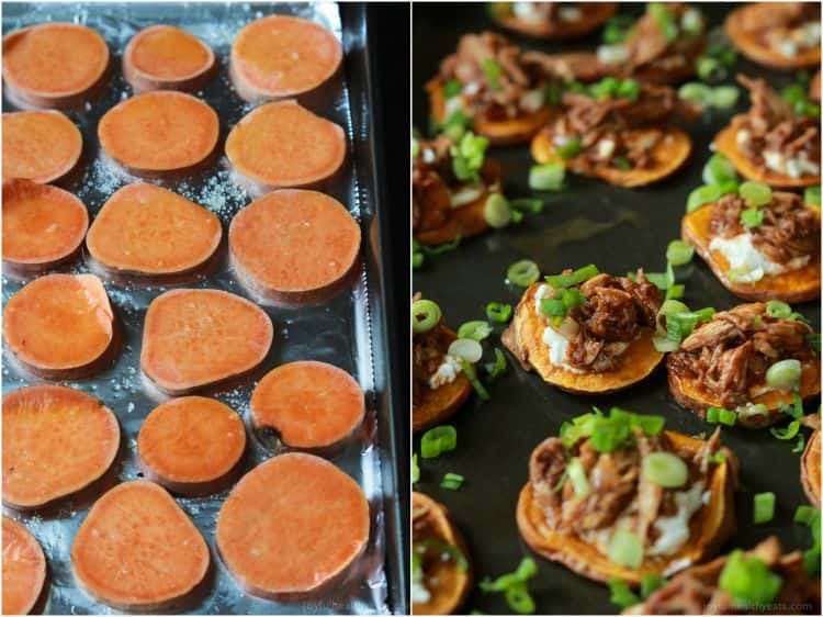 Images of sweet potato slices on a baking sheet and BBQ Pulled Pork Sweet Potato Bites