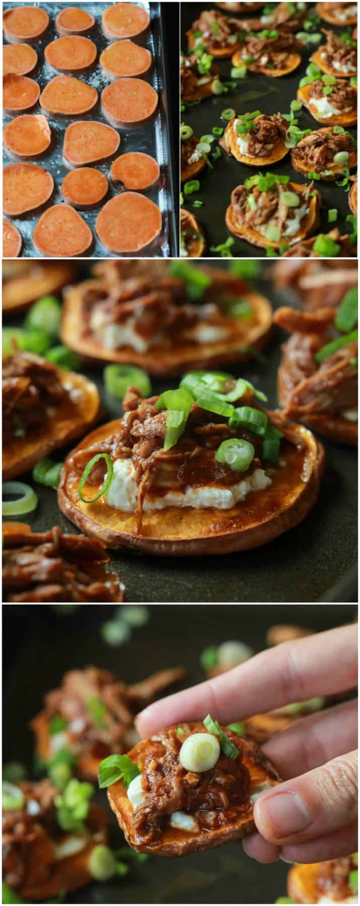 Collage of images of BBQ Pulled Pork Sweet Potato Bites