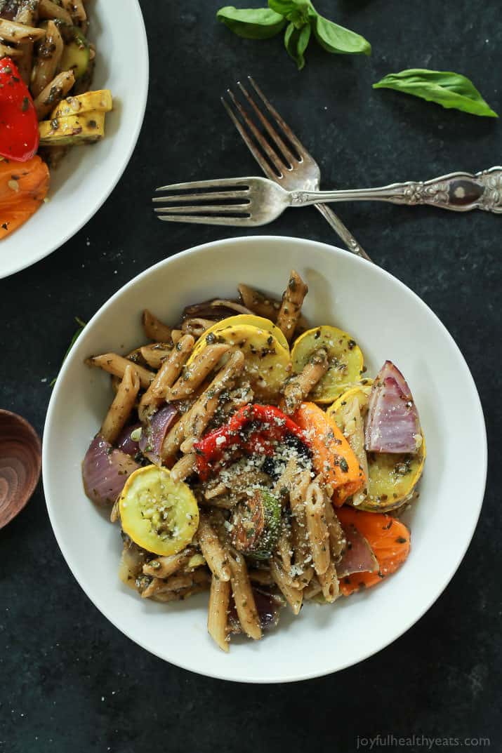 Basil Pesto Pasta with Roasted Vegetables in a bowl