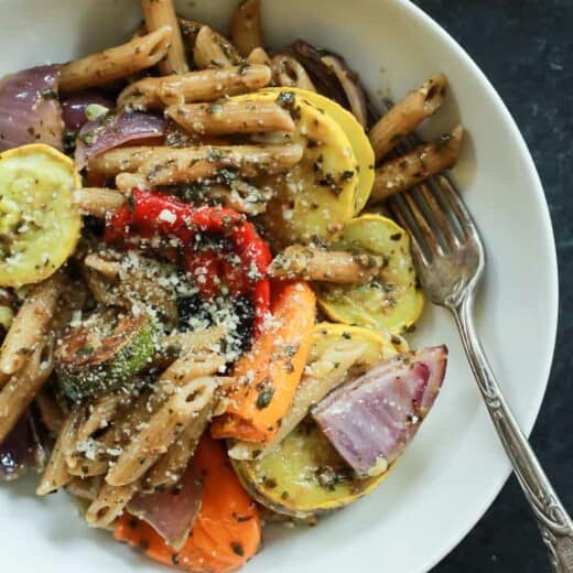 basil pesto pasta with roasted vegetables