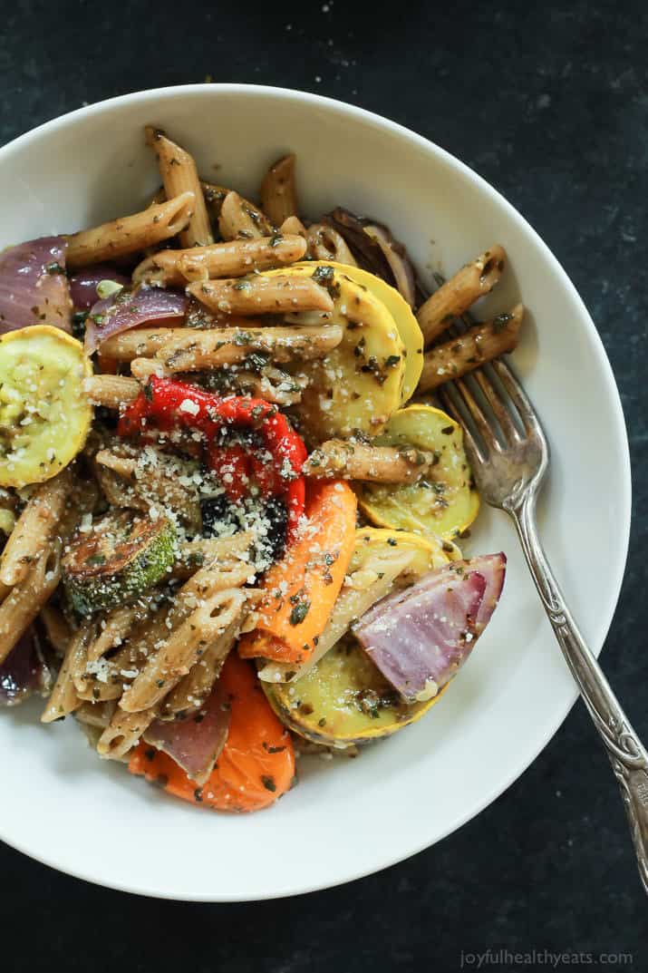 Basil Pesto Pasta with Roasted Vegetables in a bowl