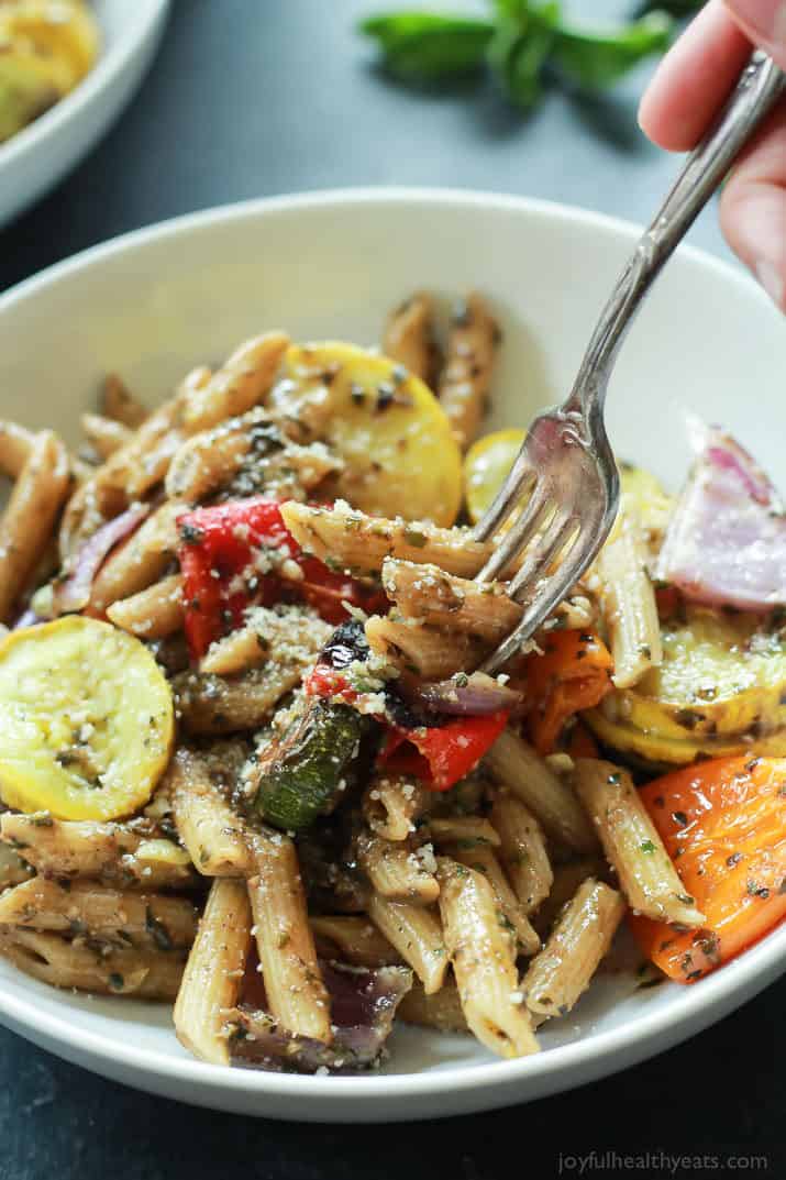 Basil Pesto Pasta with Roasted Vegetables in a bowl