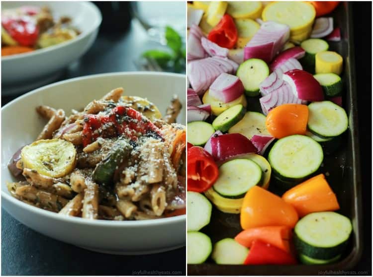 Ingredients for Basil Pesto Pasta with Roasted Vegetables and an image of the completed recipe