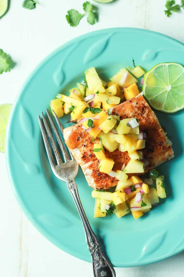 Pan Seared Cajun Mahi Mahi with a fresh Mango Pineapple Salsa on a plate