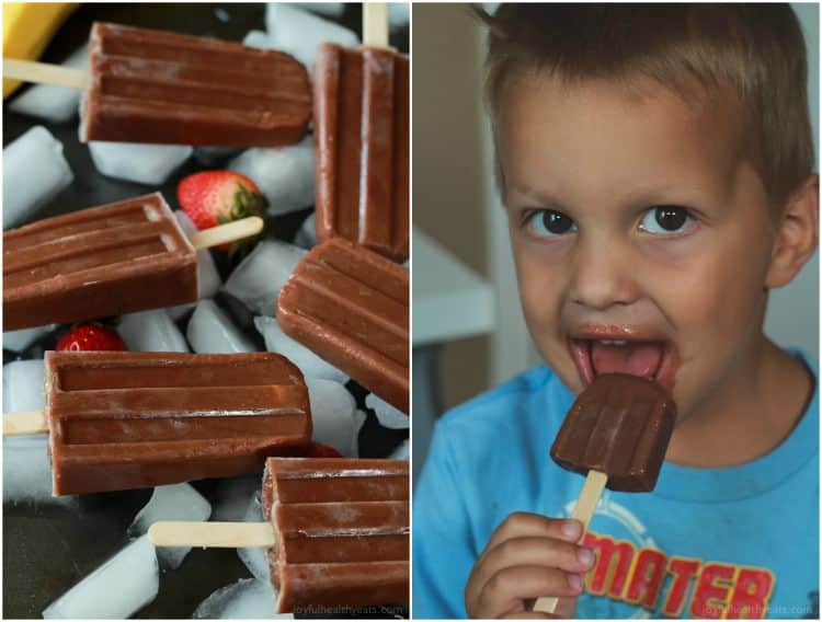 Collage of Chocolate Banana Split Popsicles over ice and a little boy eating a popsicle