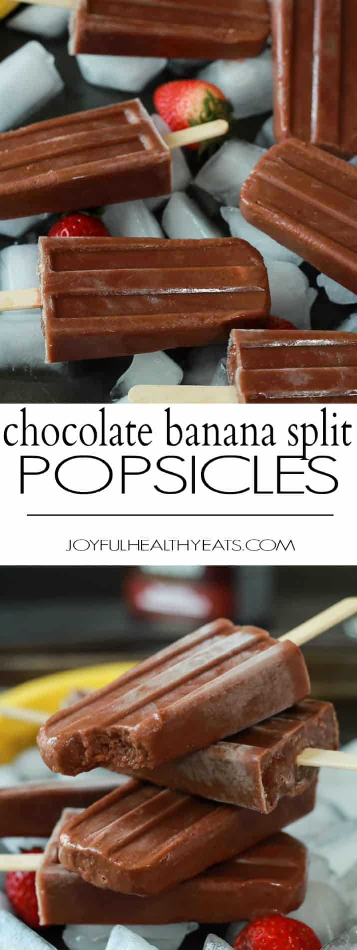 A collage of two images of chocolate banana popsicles with a label in between them introducing the dessert