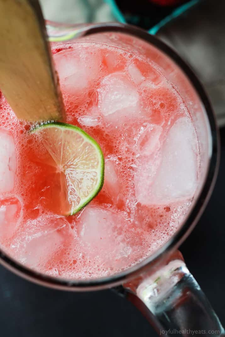 Top view of a pitcher of Fresh Strawberry Limeade