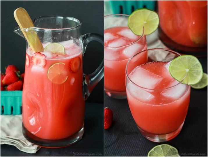 Collage of a pitcher and two glasses of Fresh Strawberry Limeade