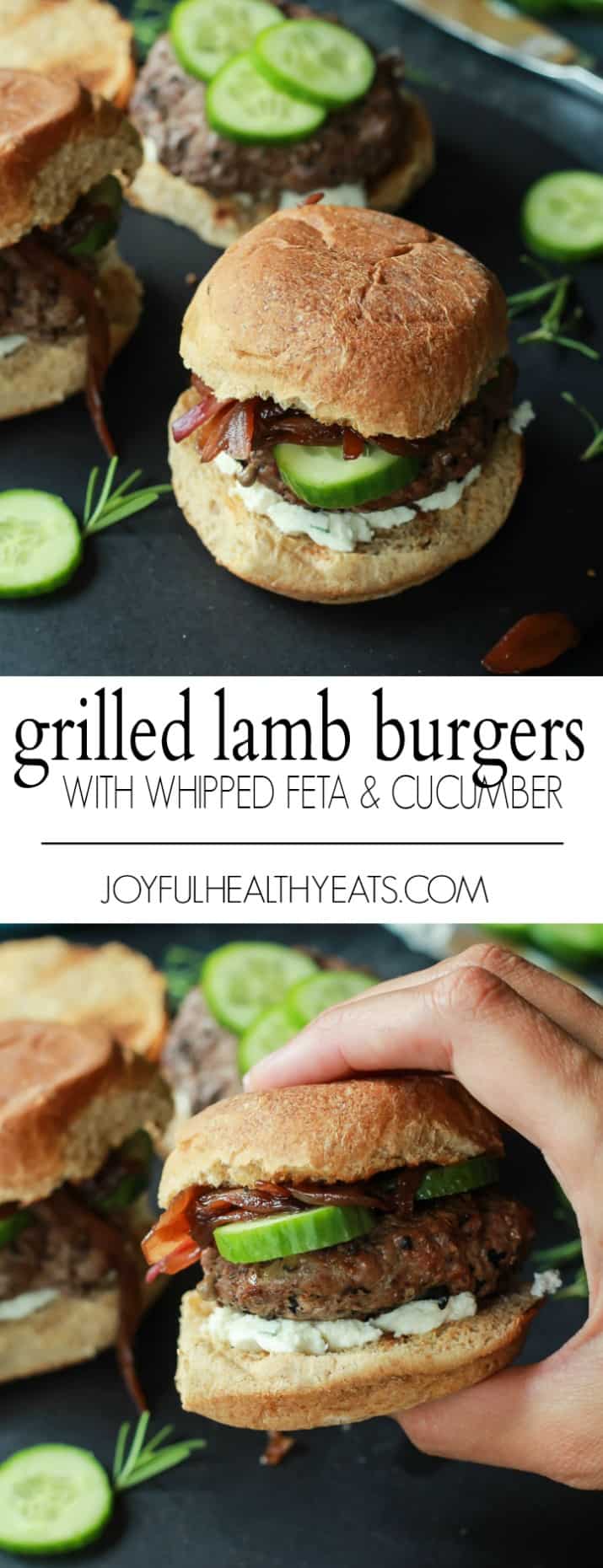 Recipe collage for Grilled Lamb Burgers with Whipped Feta and Cucumber