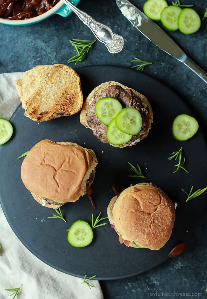 Top view of Grilled Lamb Burgers with cucumber slices