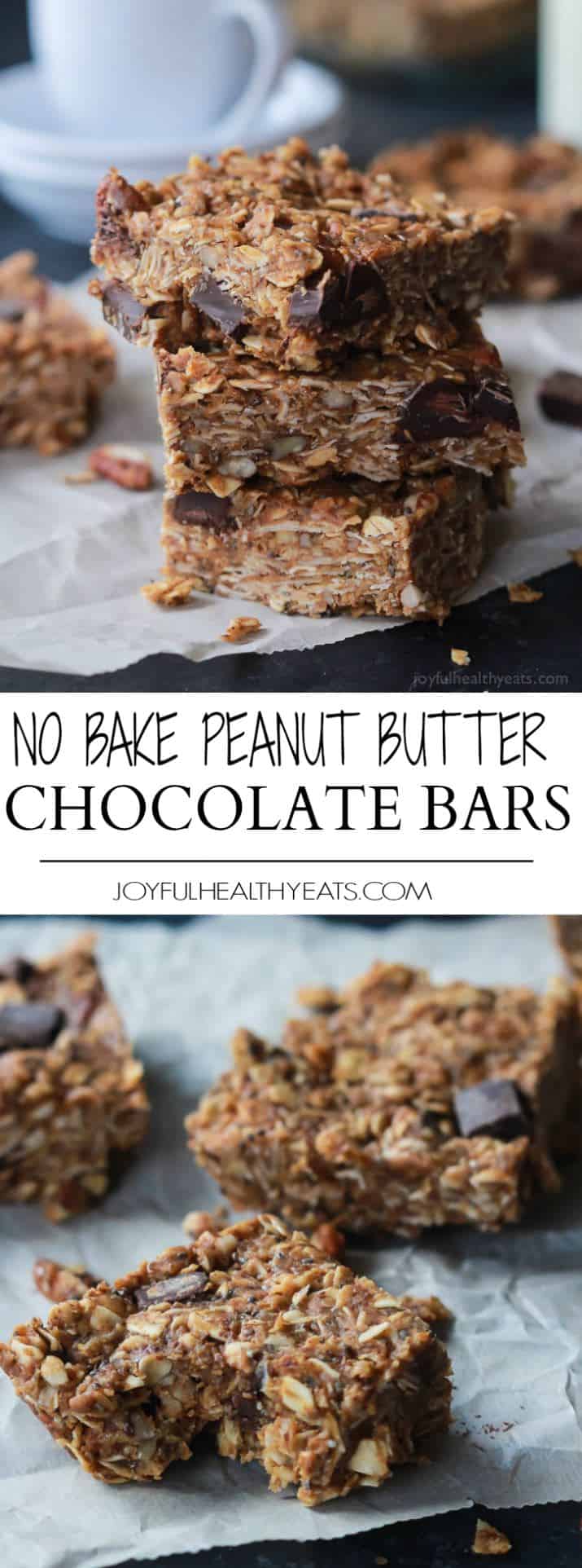 Breakfast never tasted so good with these No Bake Peanut Butter Chocolate Bars, done in 5 minutes! Filled with chocolate chunks, creamy peanut butter, chia seeds, and loads of other nutrients to fill you up! | joyfulhealthyeats.com #recipes