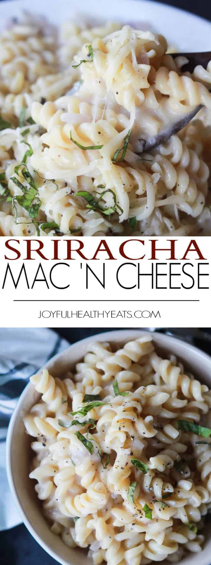 Sriracha Mac and Cheese, a classic amped up with spicy sriracha hot sauce and a few secret ingredients for a healthier comfort food version you'll love! | joyfulhealthyeats.com #recipes #lowcalorie 