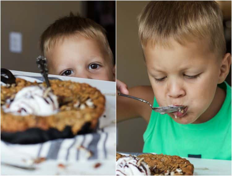 Collage of a little boy eyeing and tasting a Coconut Oatmeal Chocolate Chip Skillet Cookie with vanilla ice cream