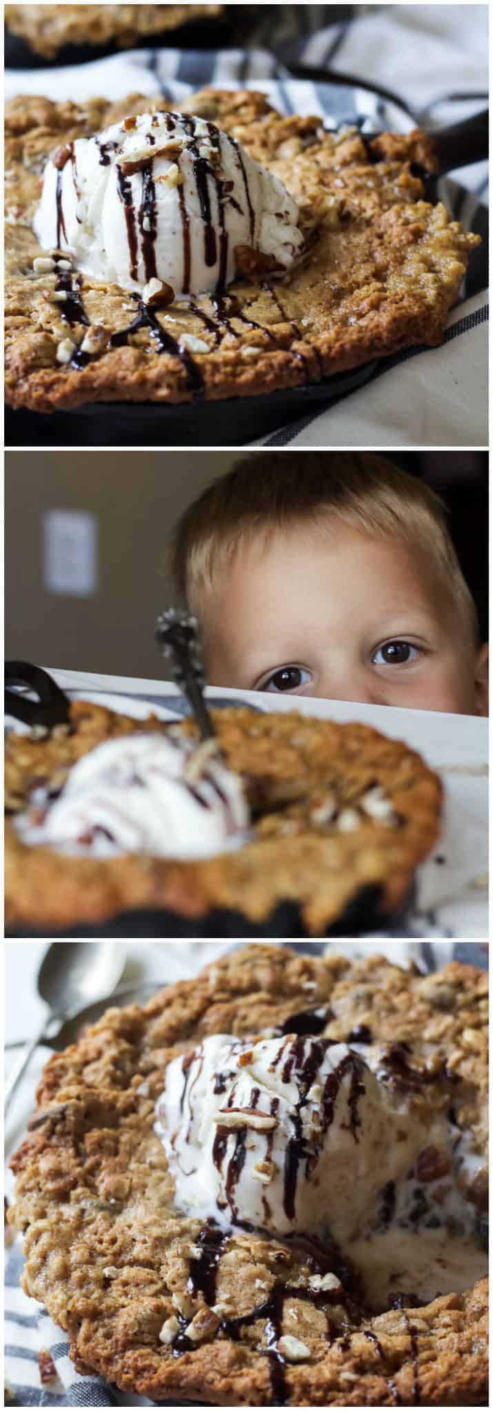 Collage of Coconut Oatmeal Chocolate Chip Skillet Cookie with vanilla ice cream at different angles