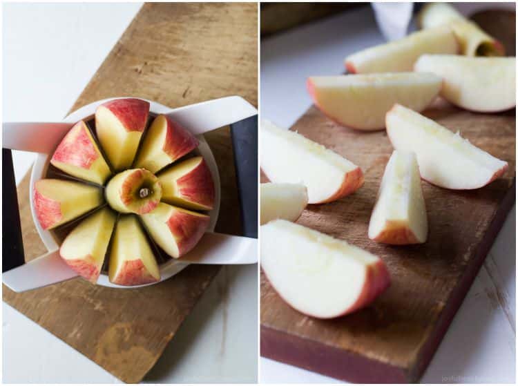 Apple being cut into wedges with a corer slicer tool