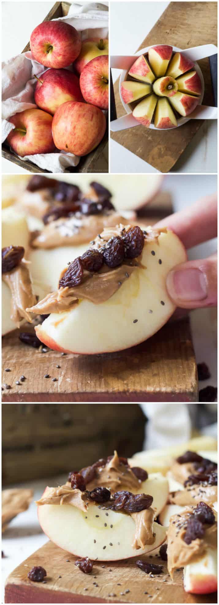 Collage of apple wedges with peanut butter, dried cranberries, and chia seeds