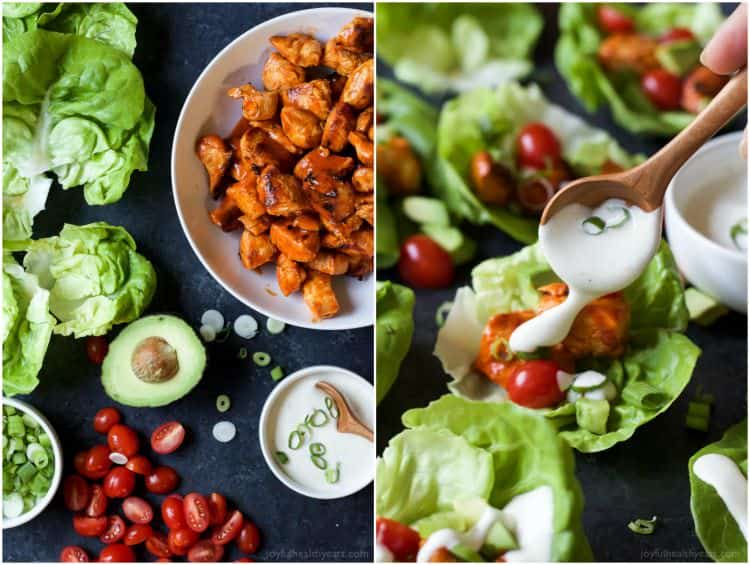 Collage of ingredients for Grilled Buffalo Chicken Lettuce Wraps and assembled wraps