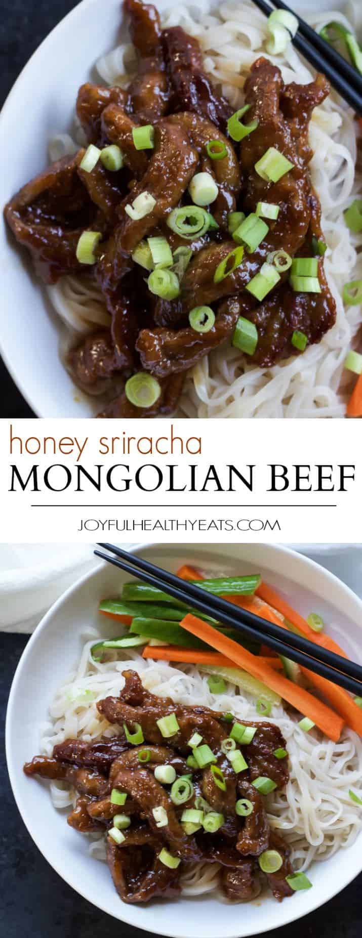 A collage of two images of honey sriracha Mongolian beef over brown rice noodles