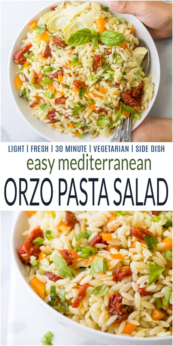 pinterest collage for mediterranean orzo pasta salad