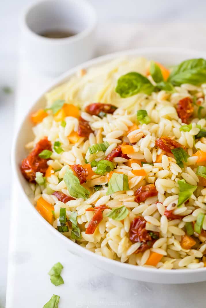 Close-Up of a Bowl of Mediterranean Orzo Salad