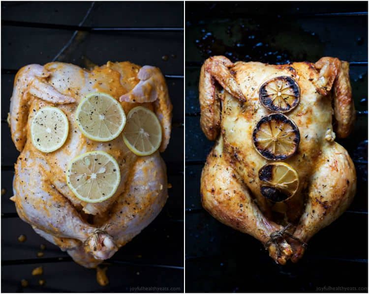 Forget grilled chicken! You'll love the crispy crust and smoky lemon garlic butter of this oven roasted chicken recipe for an easy, gluten-free, Paleo weeknight dinner the whole family will love!  | Happy and healthy yeats.com