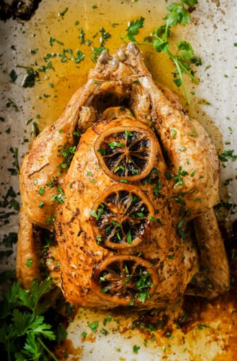 Roasted chicken recipe in the baking pan.