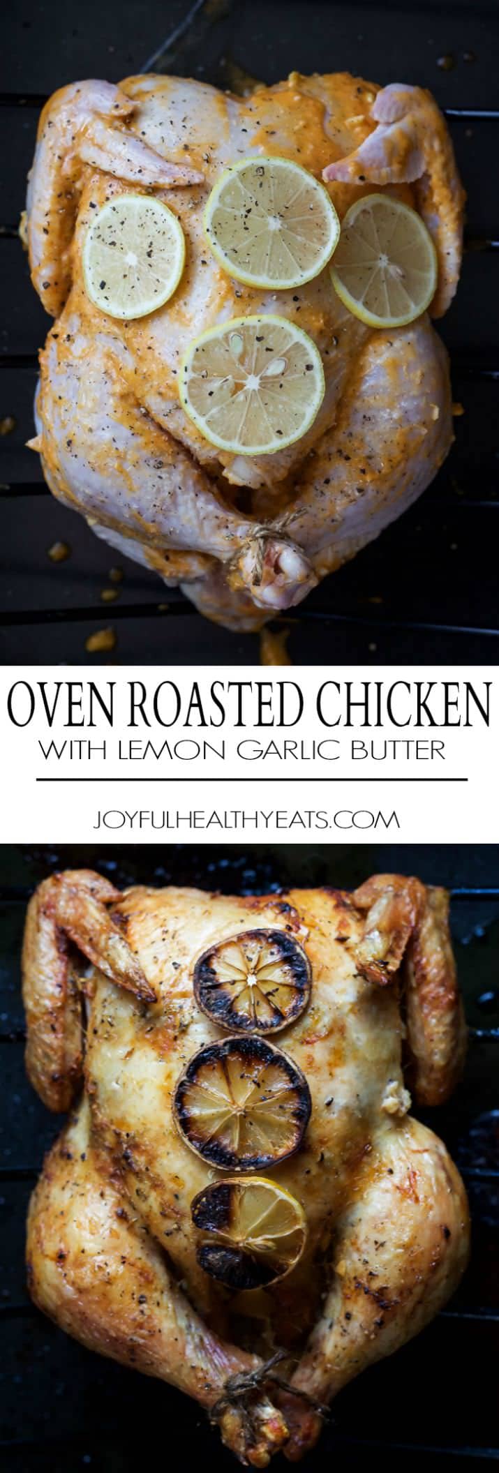 Forget grilled chicken! You'll love the crispy crust and smoky lemon garlic butter of this oven roasted chicken recipe for an easy, gluten-free, Paleo weeknight dinner the whole family will love!  | Happy and Healthyyeats.com