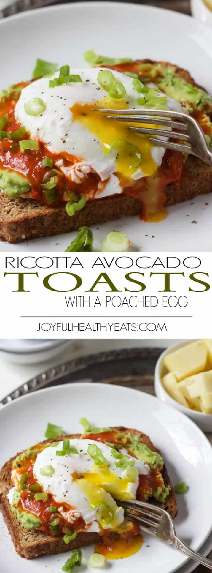 Ricotta Avocado Toast topped with Harissa and a Poached Egg, a heart healthy breakfast packed with protein and full of flavor for only 269 calories a serving! | joyfulhealthyeats.com #recipes