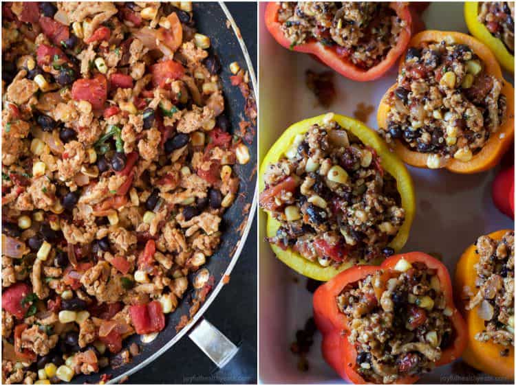 Southwestern Turkey Quinoa Stuffed Peppers filled with loads of protein and bold flavors that will leave you feeling satisfied and hungry for more all at the same time! Only 262 calories a serving! | joyfulhealthyeats.com #recipes