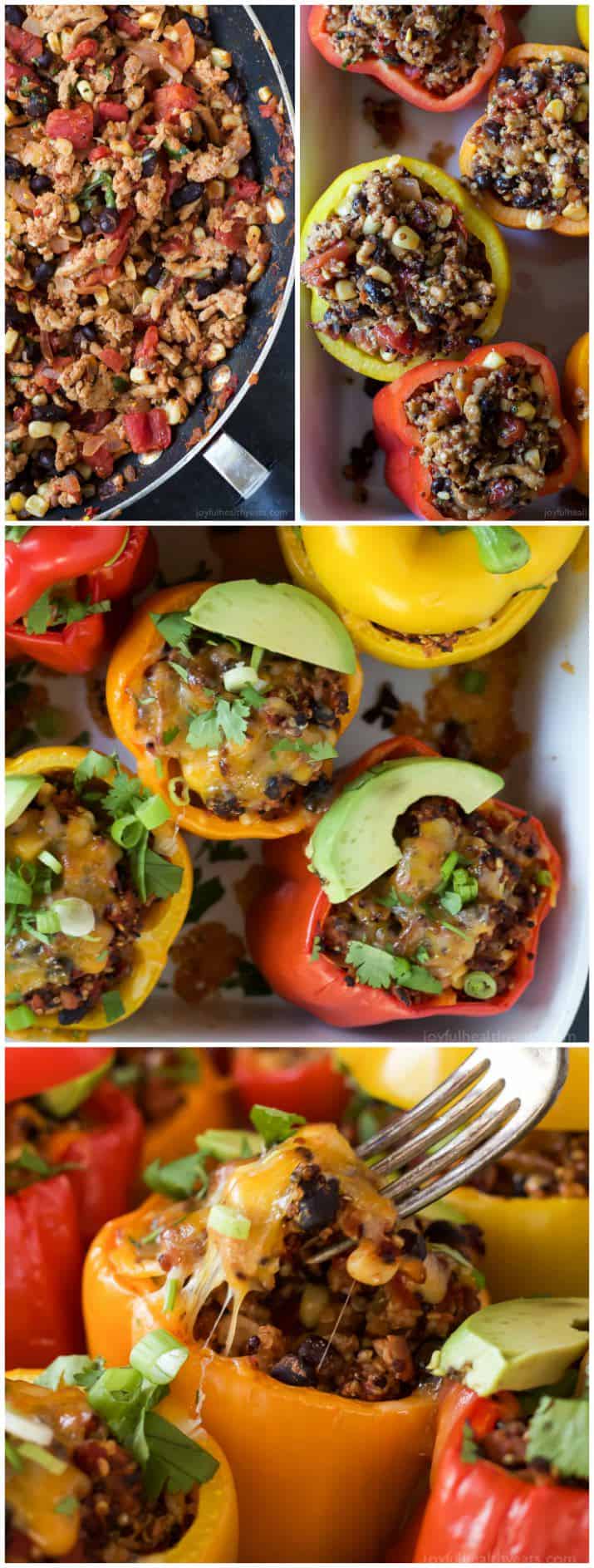 Southwestern Turkey Quinoa Stuffed Peppers filled with loads of protein and bold flavors that will leave you feeling satisfied and hungry for more all at the same time! Only 262 calories a serving! | joyfulhealthyeats.com #recipes