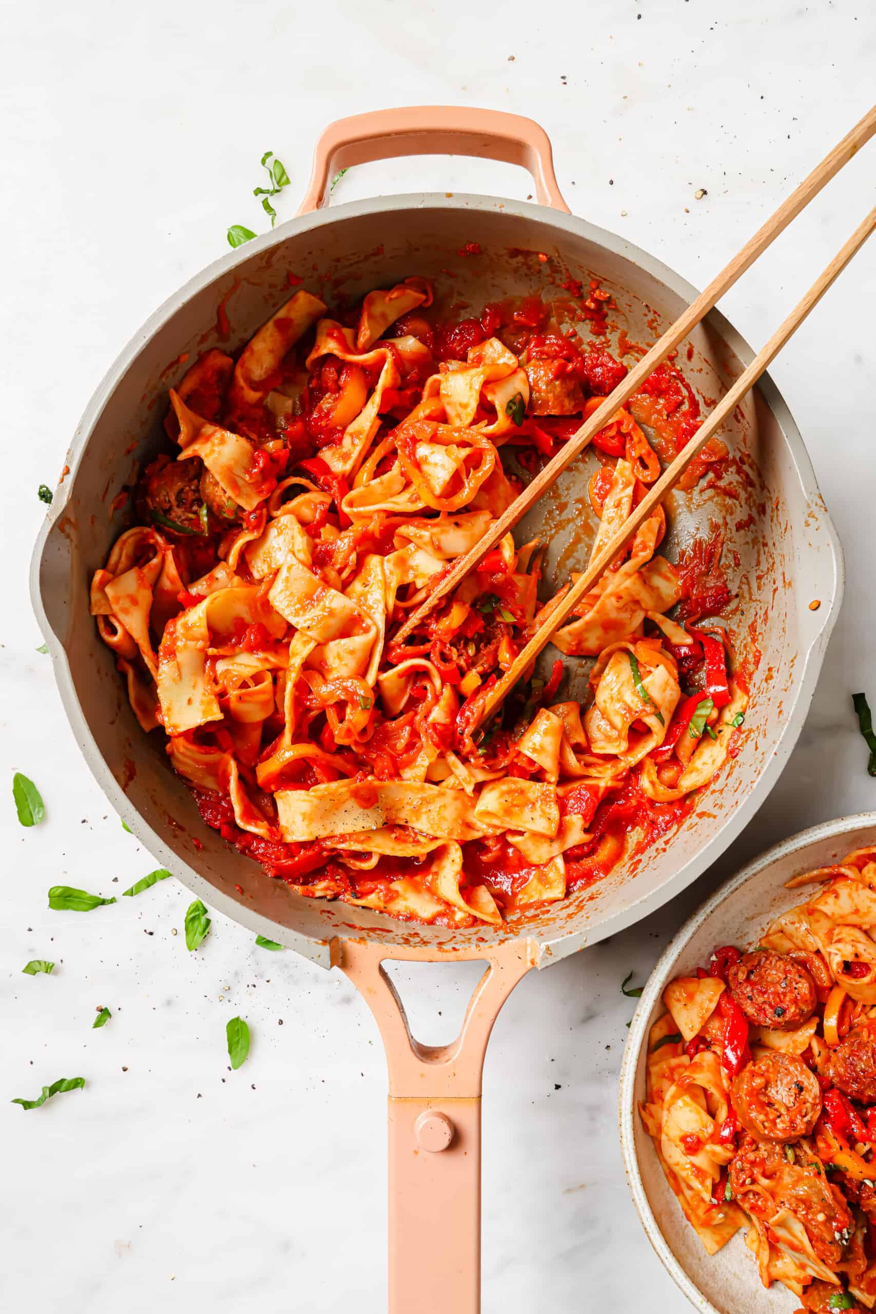 Pappardelle pasta recipe in the pan. 