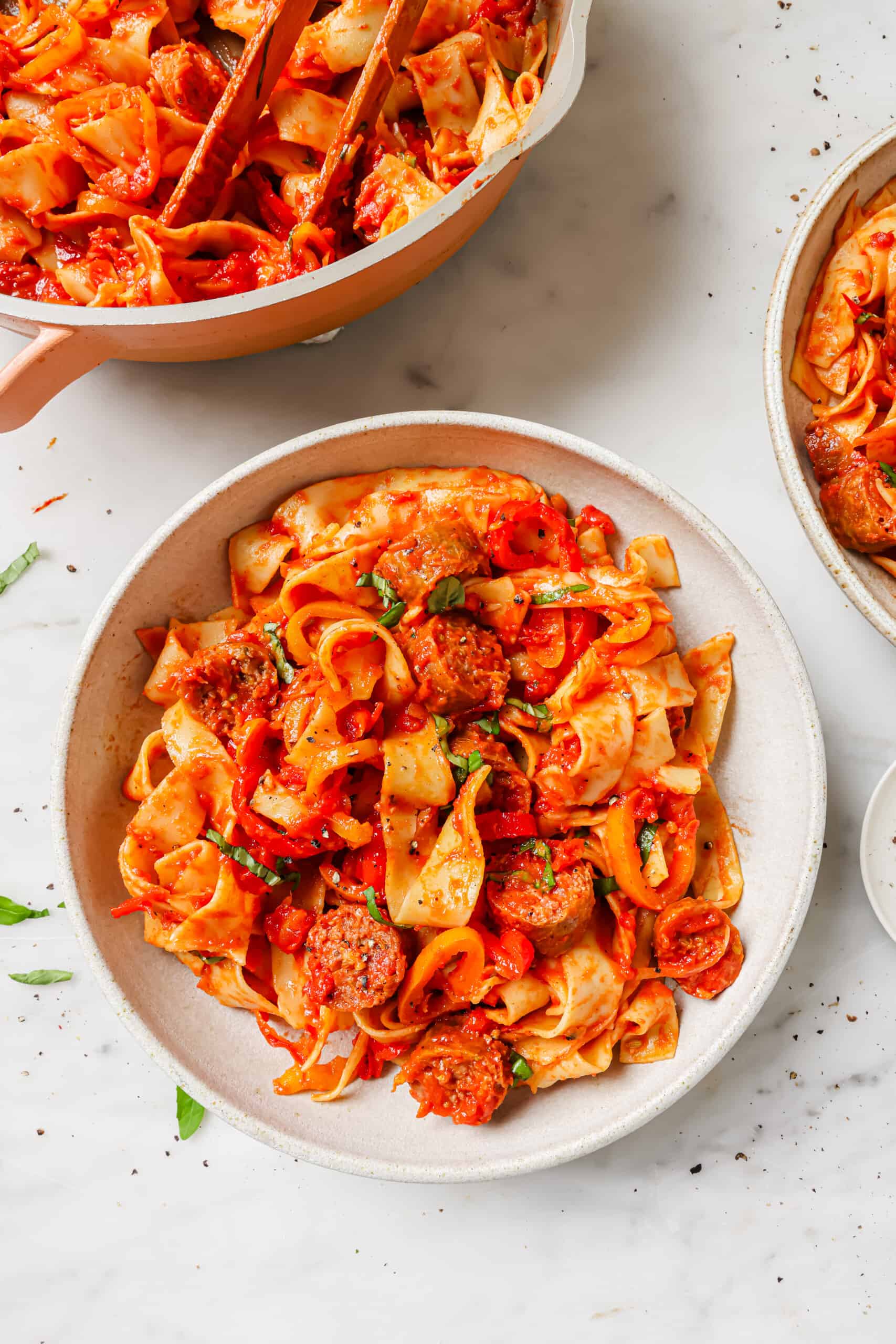 Bowl of sausage pasta. 