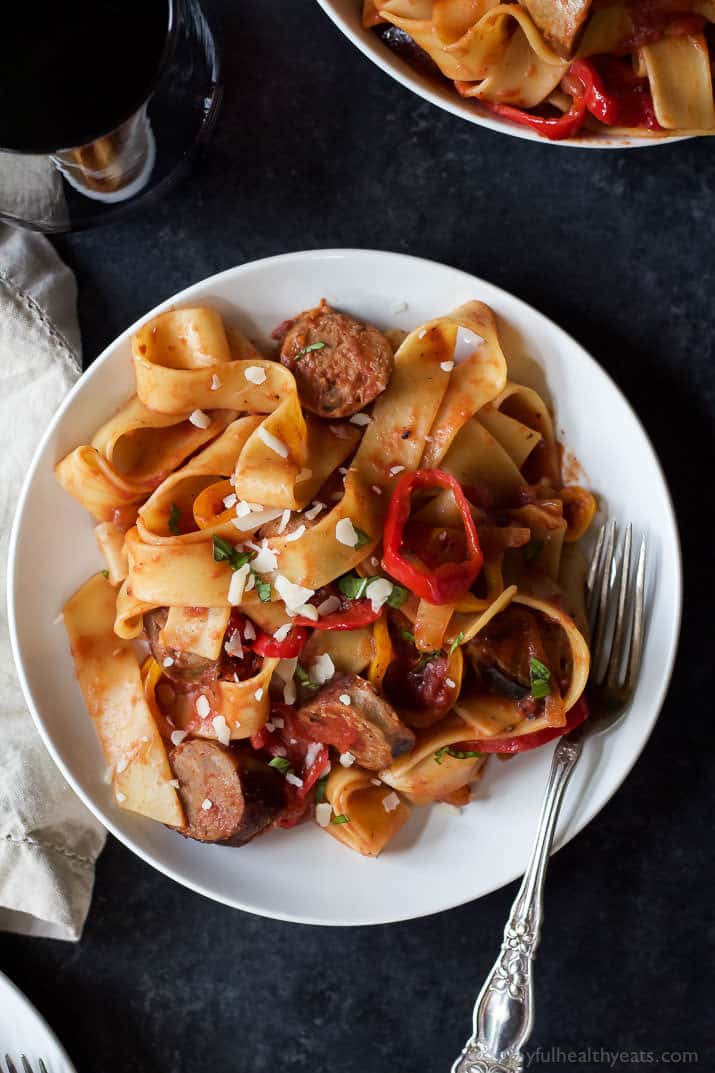 Tomato Pappardelle Pasta with Italian Sausage and Peppers, a delicious comfort food recipe done in 30 minutes - perfect for school nights! Full of flavor! | joyfulhealthyeats.com #recipes