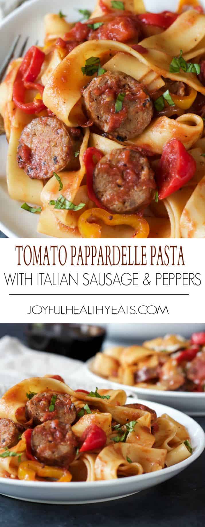 A collage of two pictures of homemade sausage and pepper pasta on a plate