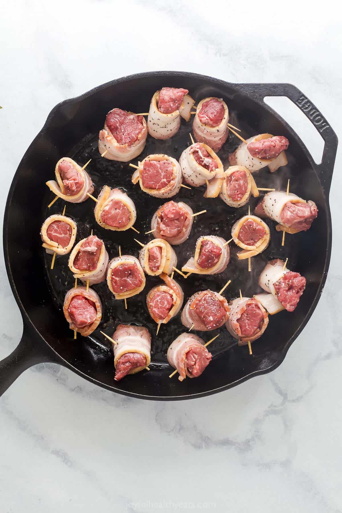 Cooking the tenderloin bites. 