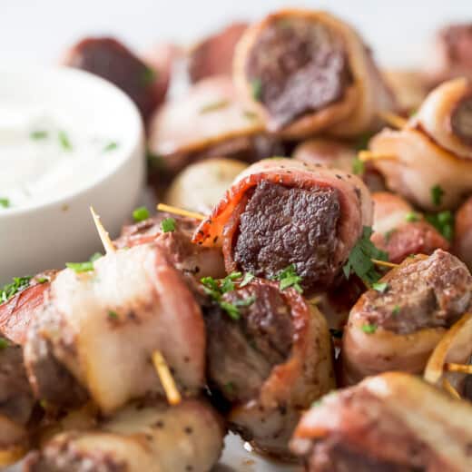 Close-up of grilled tenderloin bites.