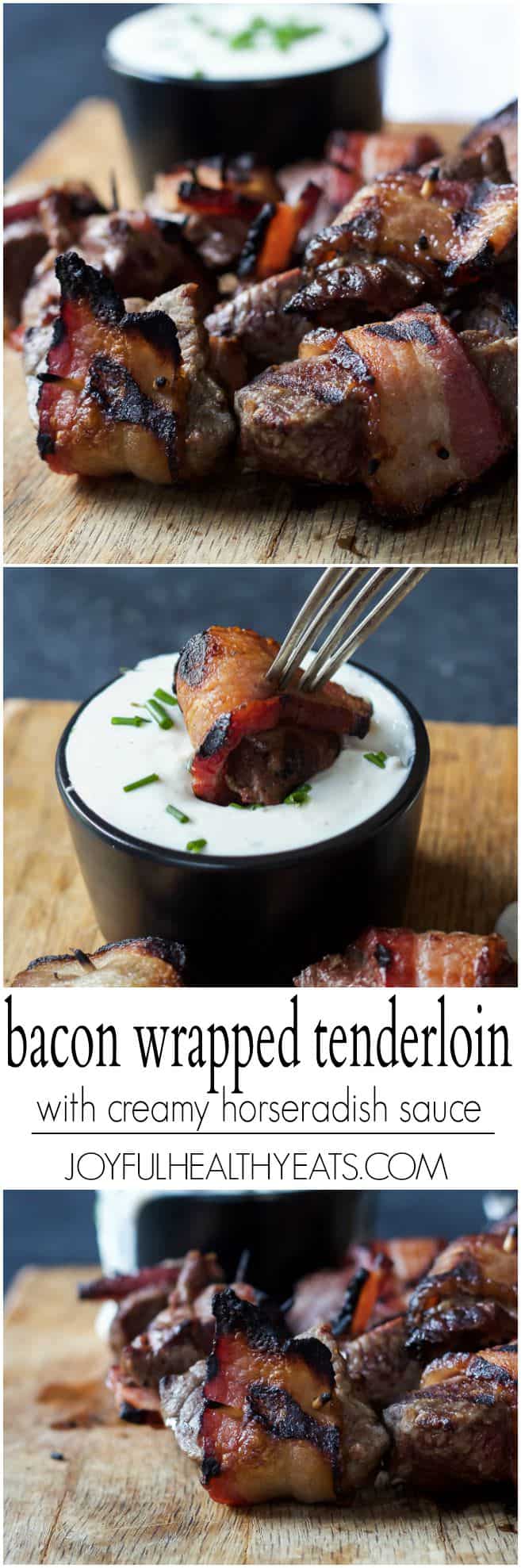Pinterest image for Bacon Wrapped Tenderloin with Creamy Horseradish Sauce
