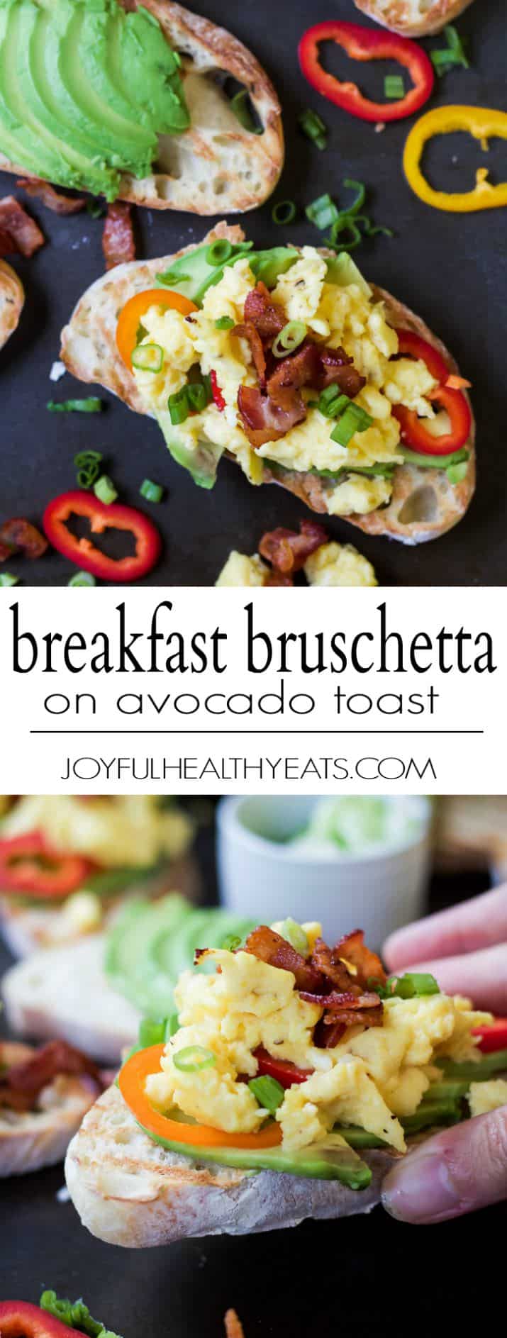 A Collage of Two Images of Breakfast Bruschetta on Avocado Toast