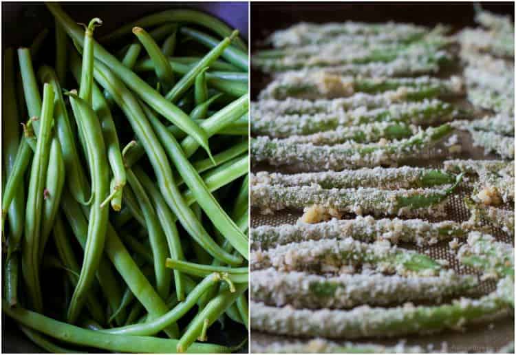 Raw green beans and Crispy Baked Green Bean Fries